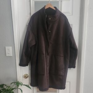 J. Jill Brown Scandi Faux Shearling Reversible Coat Oversized Longline Jacket